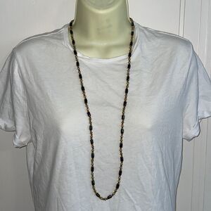 Magnetic hematite dark silver gray, amber & light silver bead long necklace